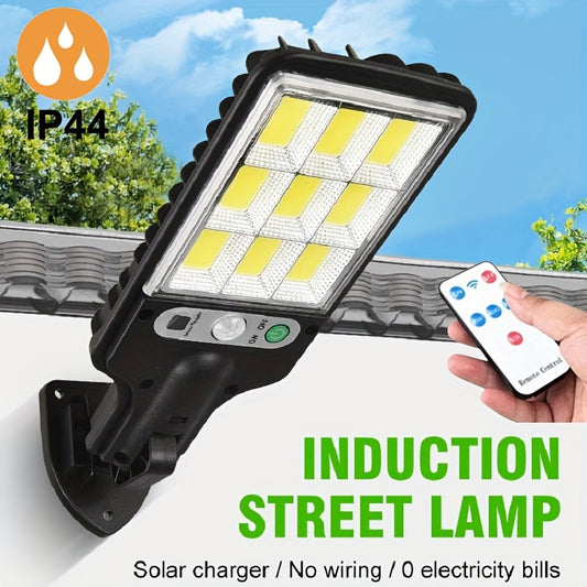 Solar motion sensor light with remote controller, solar-powered security light for garden, garage, yard, and backyard.