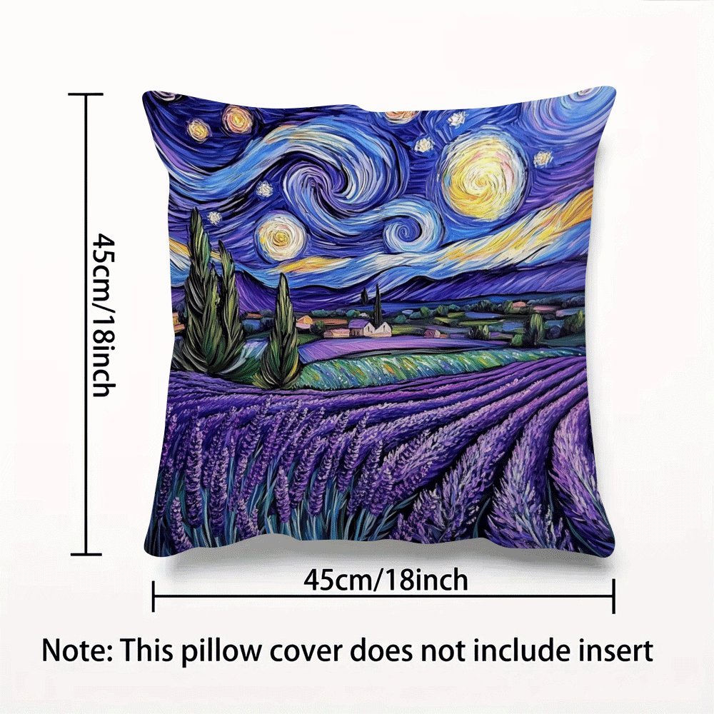 Modern flannel pillow cover featuring a starry night lavender design. This 45.72x45.72 cm cushion case is machine washable with a zippered closure, perfect for adding a touch of movie-themed decor to your sofa or bed. Suitable for back sleepers and ideal