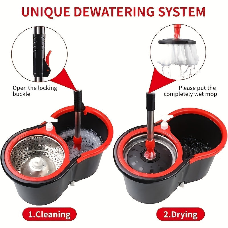 1 Kit Includes 2 Microfiber Mop Replacement Heads and a 360° Spin Mop and Bucket System with Adjustable Handle for Floor Cleaning, Suitable for Dry and Wet Use.