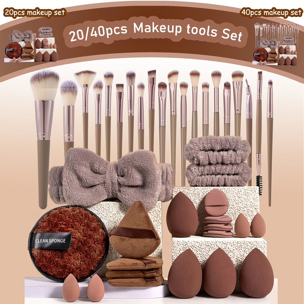 A 20/40 piece makeup tool set with various specifications available. Includes 20 high-quality makeup brushes, headband, wristbands, makeup remover puff, velour puffs, finger puffs, large