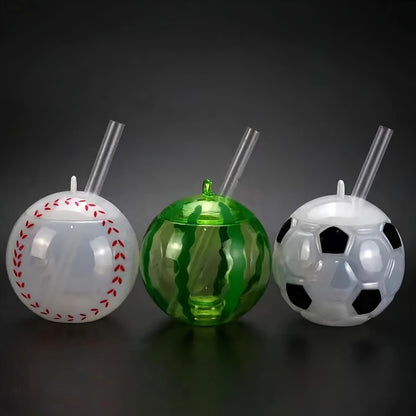 Stylish and portable cups for kids: Creative straw cups in football, watermelon, and baseball designs, perfect for milk tea and fruit drinks.