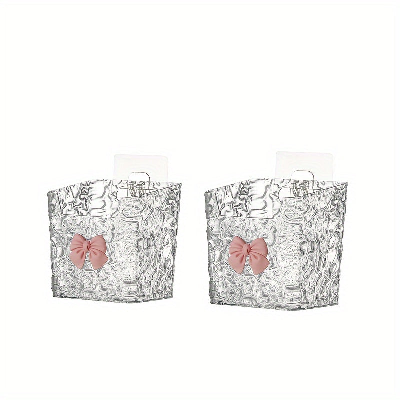 Set of 1/2/3 Acrylic Hanging Storage Bins with Embossed Pattern for Bathroom & Kitchen. Perfect for organizing toothbrushes, toothpaste, makeup, and can be wall-mounted or used on tabletops. Made of plastic.