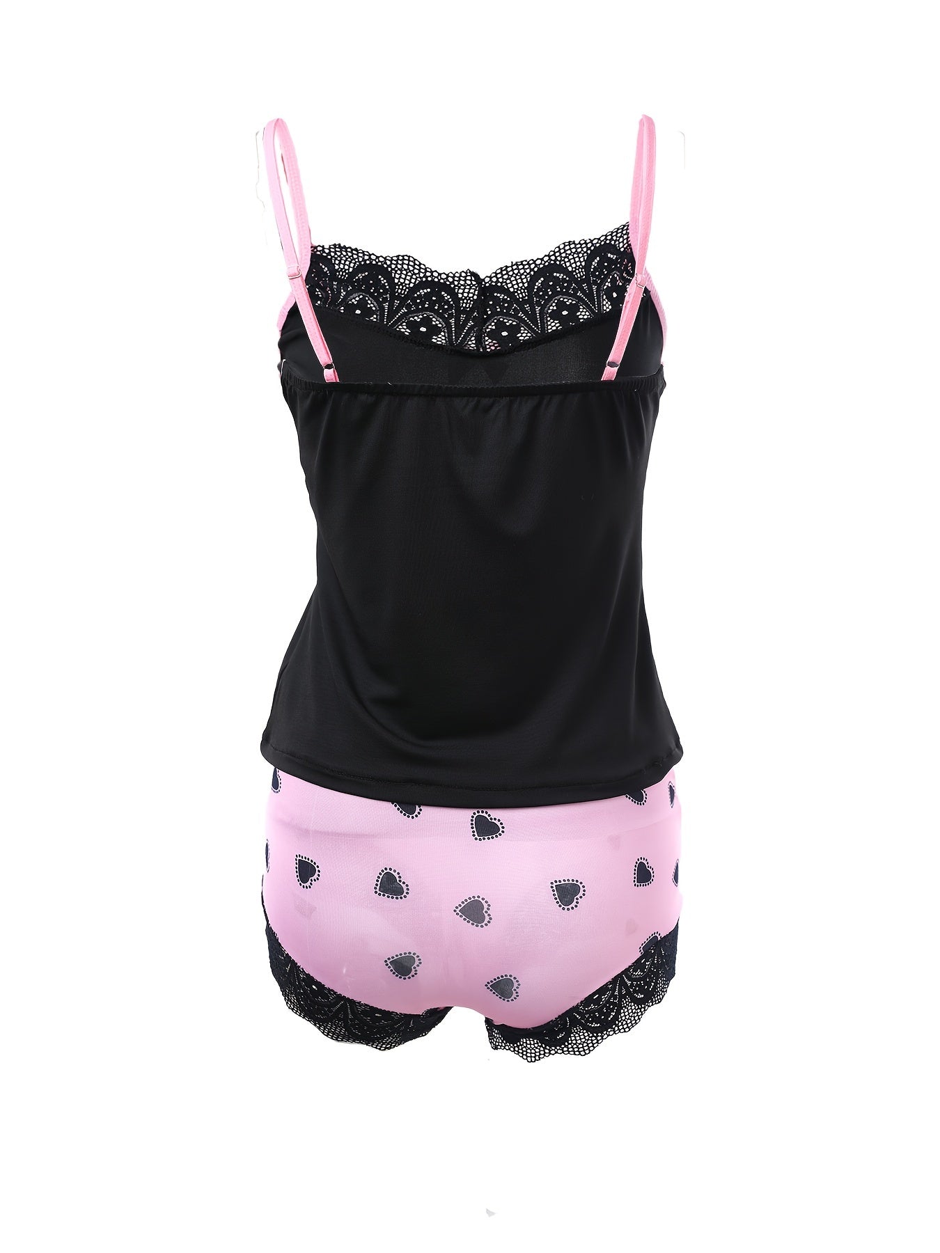 Women's sleepwear set with heart print lace cami top and backless V neck, paired with elastic shorts.