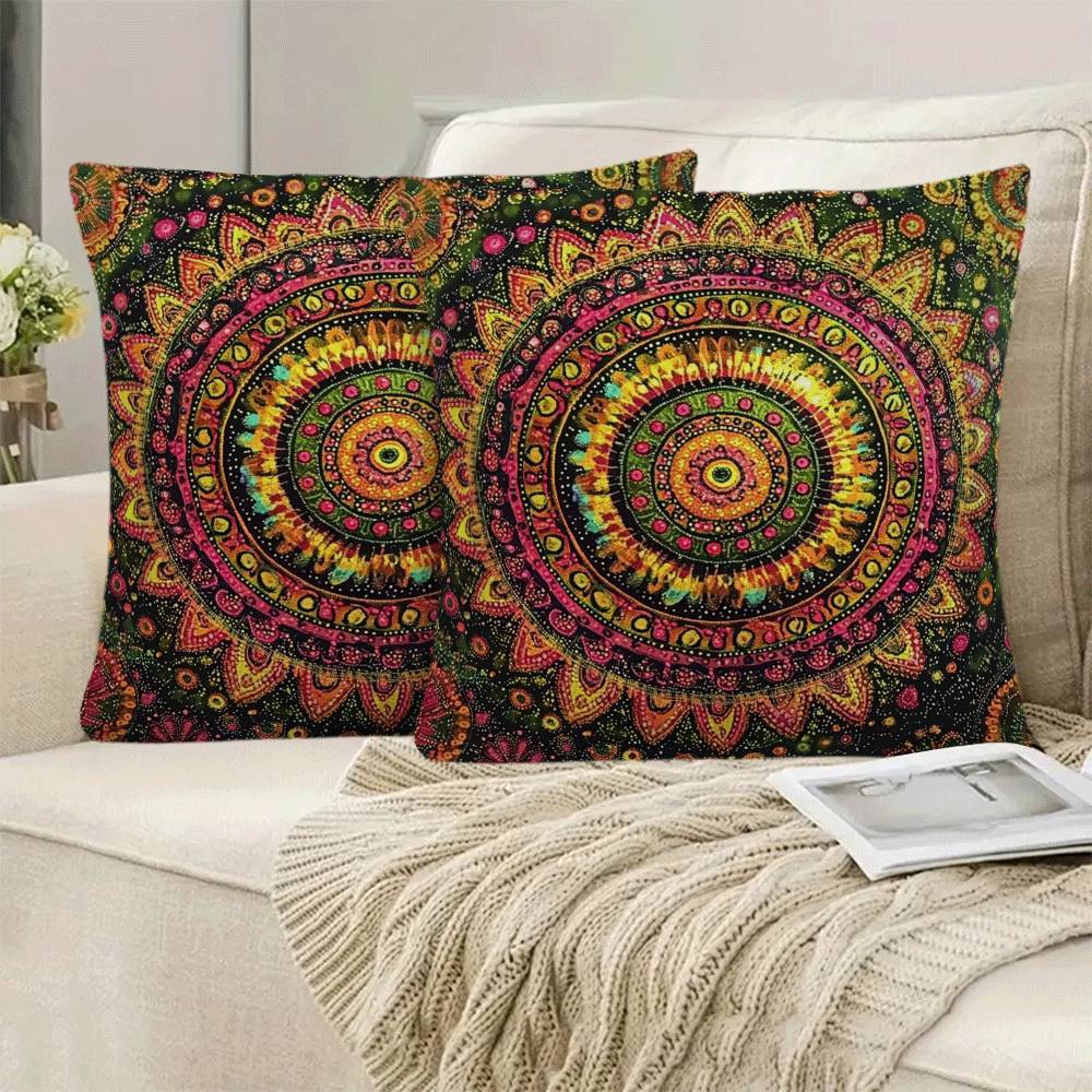 Two Bohemian Mandala Flannel Pillow Covers in a pack, each measuring 45.72x45.72 cm. Featuring an invisible zipper and machine washable design, these decorative cushion cases are suitable for all seasons and boast a modern style. Perfect for back