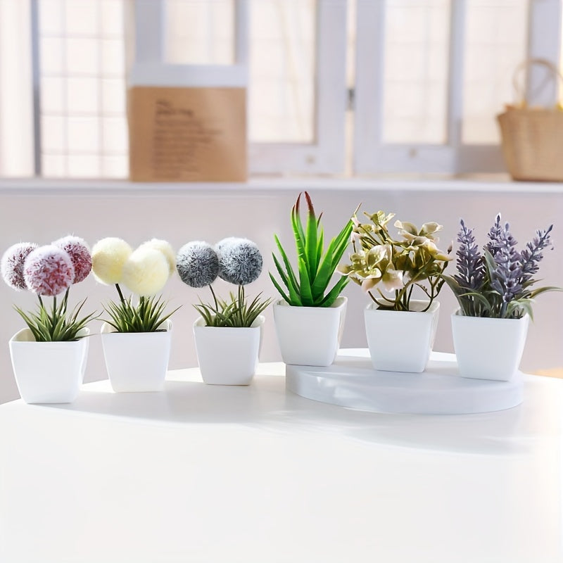 1 set of 6 simulated plants in a Nordic style for indoor decoration. Includes ball, aloe vera, begonia, lavender, artificial succulent bonsai. Perfect for office desktop ornament.