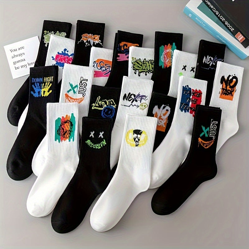 Five pairs of black and white graffiti mid-calf sports socks for men and women.