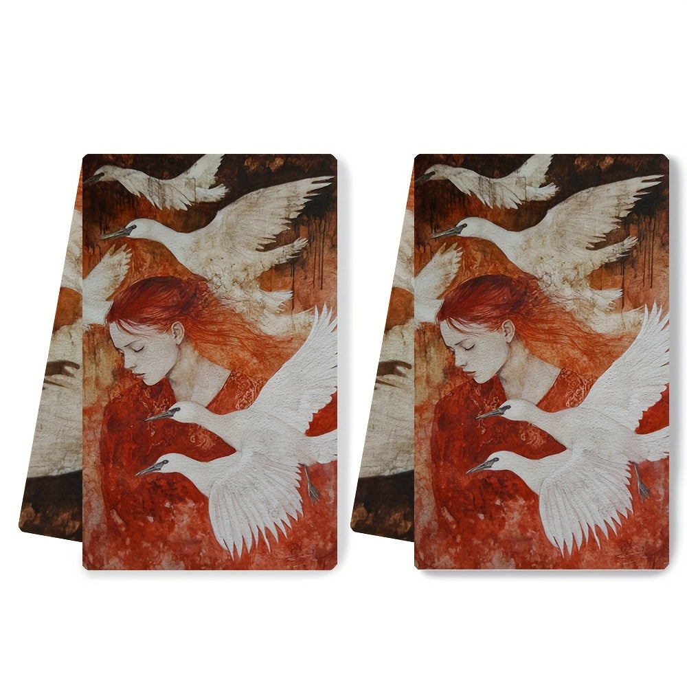 Set of 2 Serene Swan and Red-Haired Woman Art Kitchen Towels - Made of Ultra Soft, Highly Absorbent Polyester Material, Machine Washable, 40.64x60.96 cm - Perfect for Holiday Decor and Daily Use, Dish Hand Towels