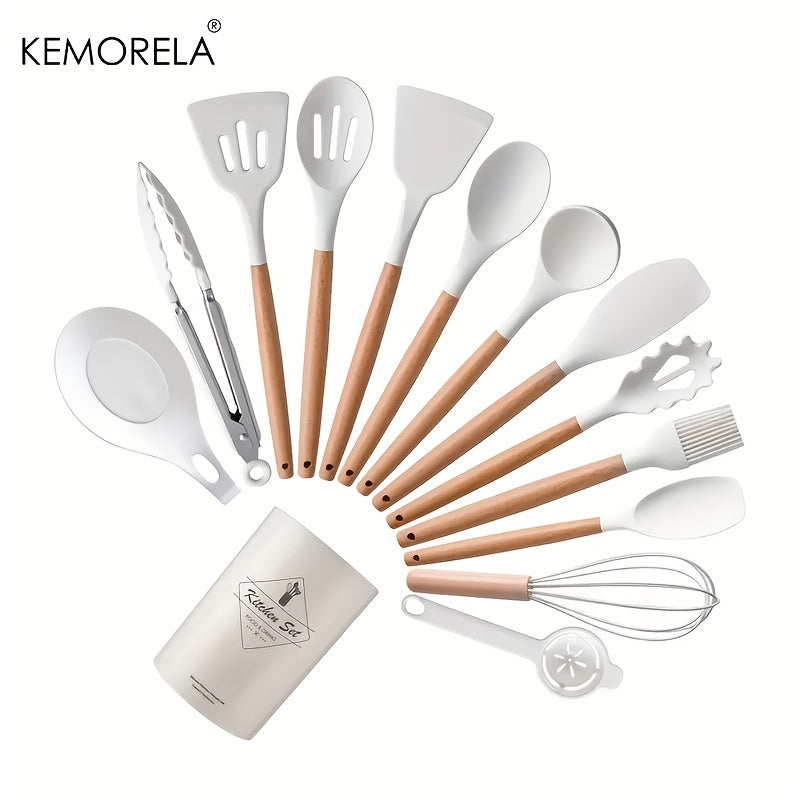 KEMORELA 14-Piece Silicone Kitchen Utensil Set with Wooden Handles and Storage Bucket - Non-Stick, Food-Safe Cooking Tools Ideal for Apartments and Dorms, by KEMORELA