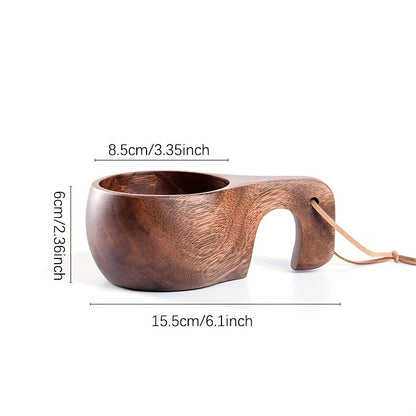 Acacia wood coffee and milk cup with tassel. High-quality, reusable drinkware with rope handle. Perfect for camping and daily use in the kitchen.