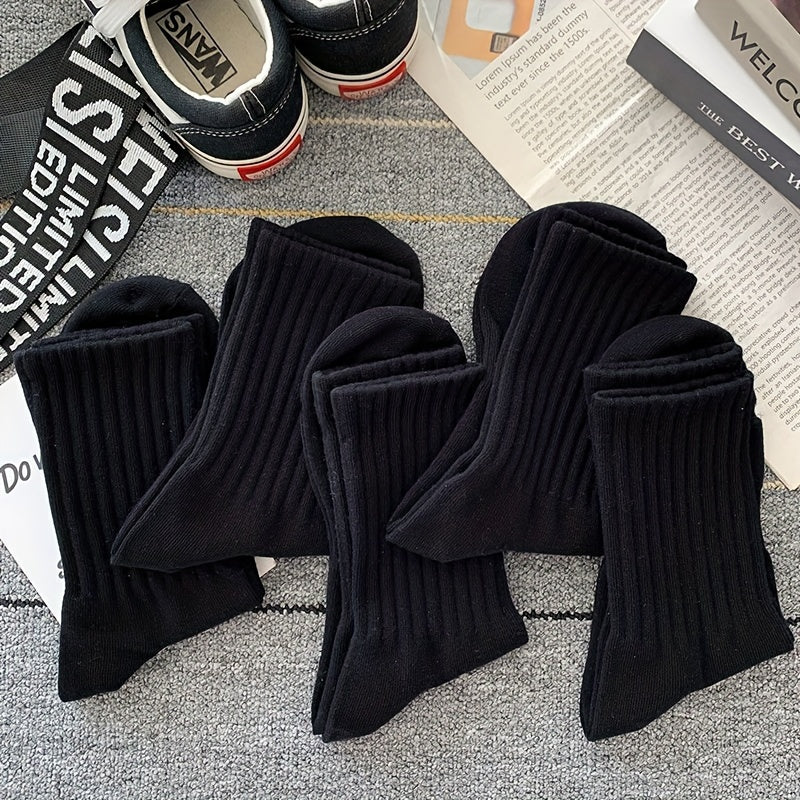 5-Pack of unisex crew socks made with breathable polyester/spandex blend in solid colors that won't fade. Features high waist and sports style, machine washable.