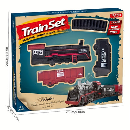 Vintage Electric Train Track Set for kids - Classic Steam Locomotive with Lights & Sounds, Red & Black, ABS Resin, Perfect for Imaginative Play.