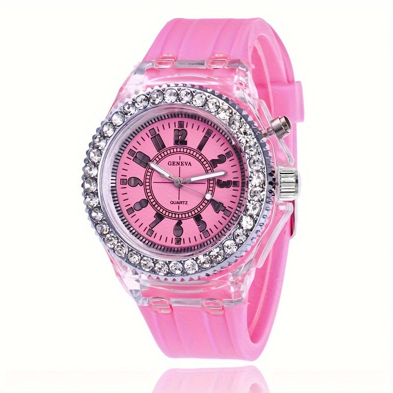 Luminous Rhinestone Full Edge Dial Watch with Silicone Quartz for Boys and Girls, Great for School Supplies and Gifts.