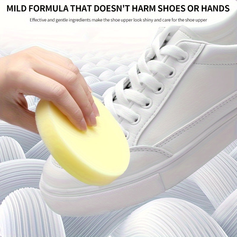 White shoe cleaner paste with plastic brush for all types of shoes. Instantly removes stains and dirt without water.