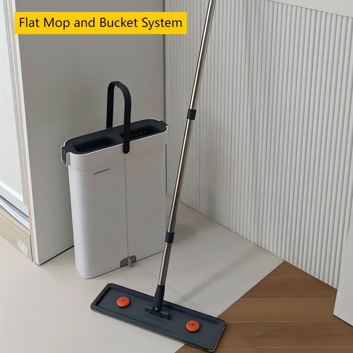 Hands-free squeeze mop with wringer and flat bucket system, 360-degree long handle for easy floor cleaning. Includes 2 microfiber pads and made of plastic material. Perfect for use in living room, bedroom, bathroom, and kitchen.