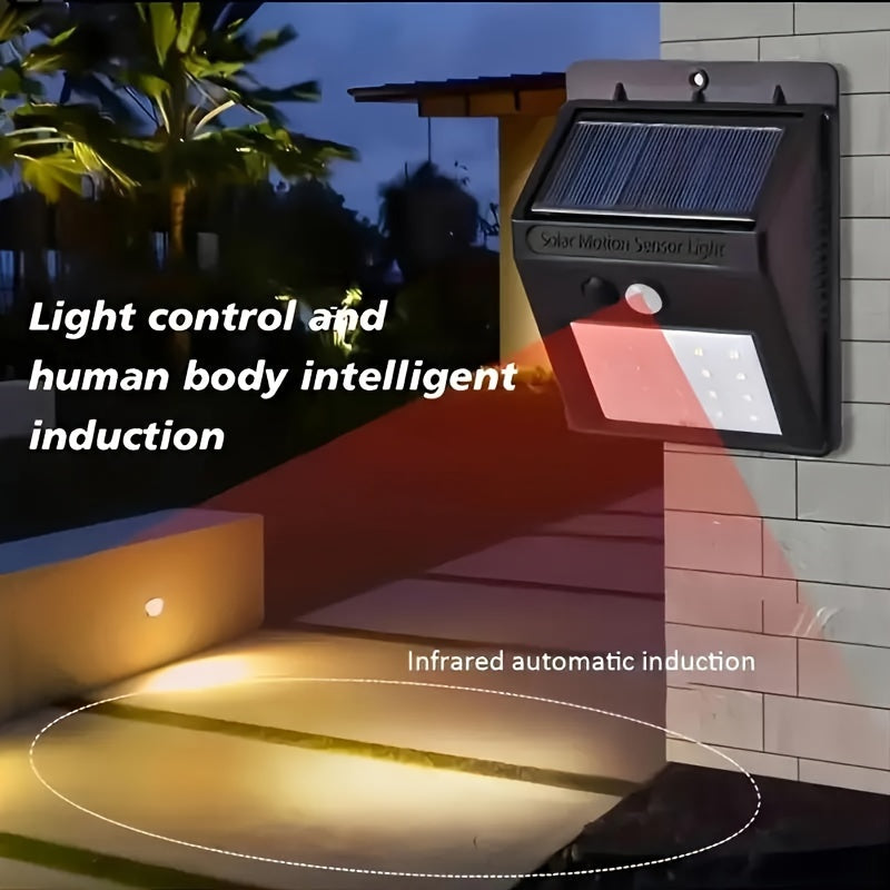 Solar powered motion sensor lights with rechargeable battery for outdoor security, suitable for garden, fence, patio, and garage. Available in sets of 4 or 8.