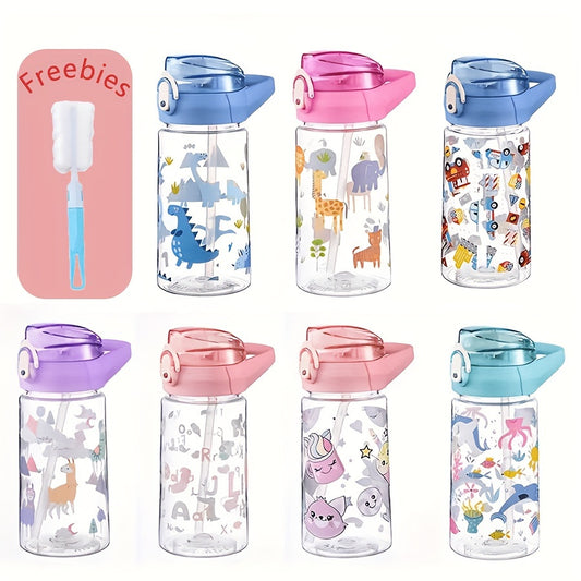 17oz BPA-free water bottle with straw, leakproof and featuring colorful cartoon designs. Lightweight and portable for travel, school, and sports, with dinosaur, unicorn, and giraffe patterns included.