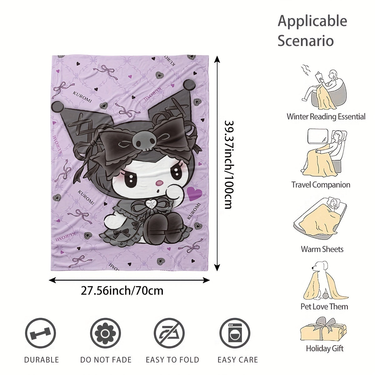 Get cozy with the Sanrio Kuromi Flannel Fleece Blanket featuring a vibrant digital print cartoon pattern. This all-season multipurpose throw is perfect for the living room, bedroom, camping, or travel. Made of 100% polyester, this blanket weighs