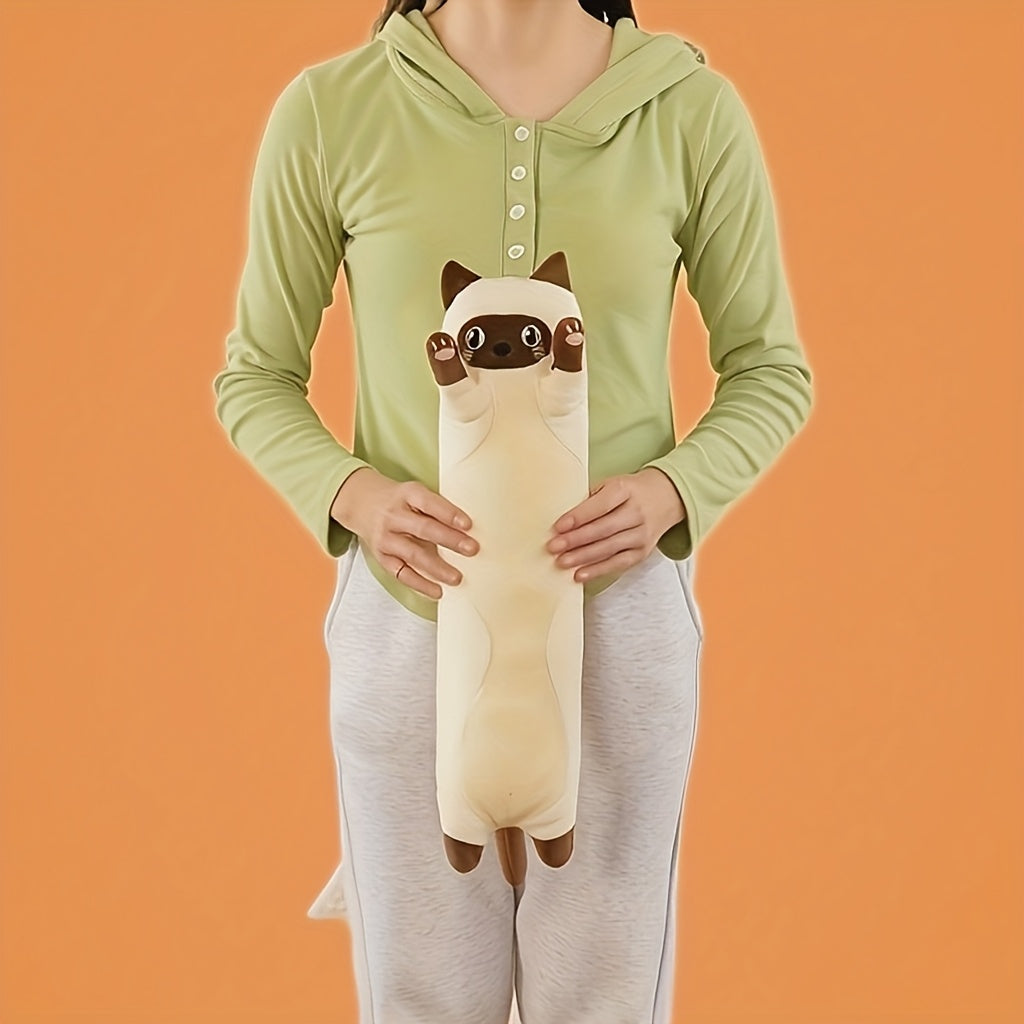 Adorable Cartoon Cat Plush Long Hug Pillow made of soft polyester, suitable for small dogs & cats. Ideal sofa companion.