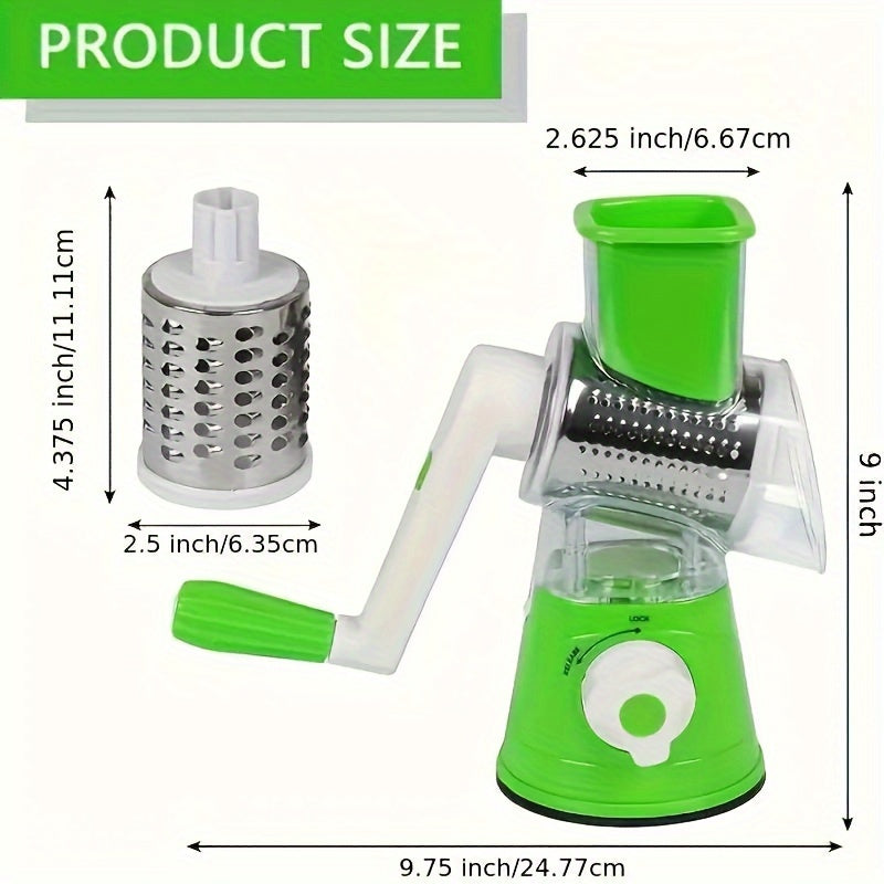 Three-in-one Manual Cheese Grater Set includes three interchangeable drums - Multipurpose Vegetable Slicer, Efficient Kitchen Tool, Sturdy Non-Slip Base, Simple to Clean, Made of Durable Plastic, Suitable for Potatoes, Fruits, and Various Ingredients.