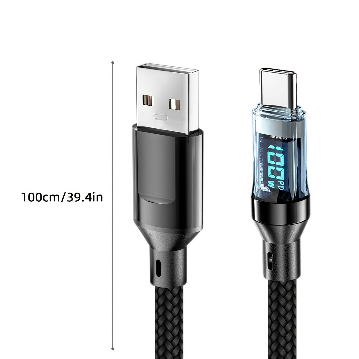 Fast charging Type C cable with digital display, durable nylon, compatible with various mobile phones and tablets, round shape.