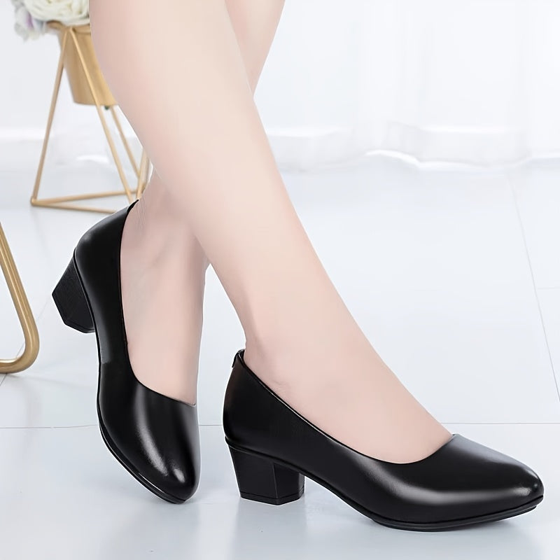 Elegant black faux leather work pumps with mid-height chunky heel, soft sole, and slip-on design for office and commuting.