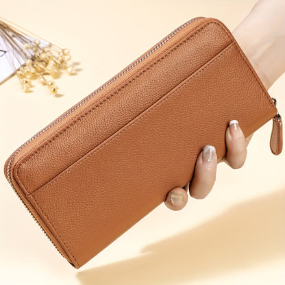 Women's Genuine Leather RFID Anti-theft Long Zipper Wallet with 19 card slots, 1 coin pocket, and 5 cash slots.