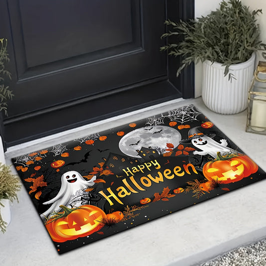 Get into the spooky spirit with our "Happy Halloween" doormat! Made of durable, non-slip, and machine washable polyester, this outdoor mat features a festive design of ghosts, pumpkins, and autumn leaves. Perfect for your entryway, living room, kitchen