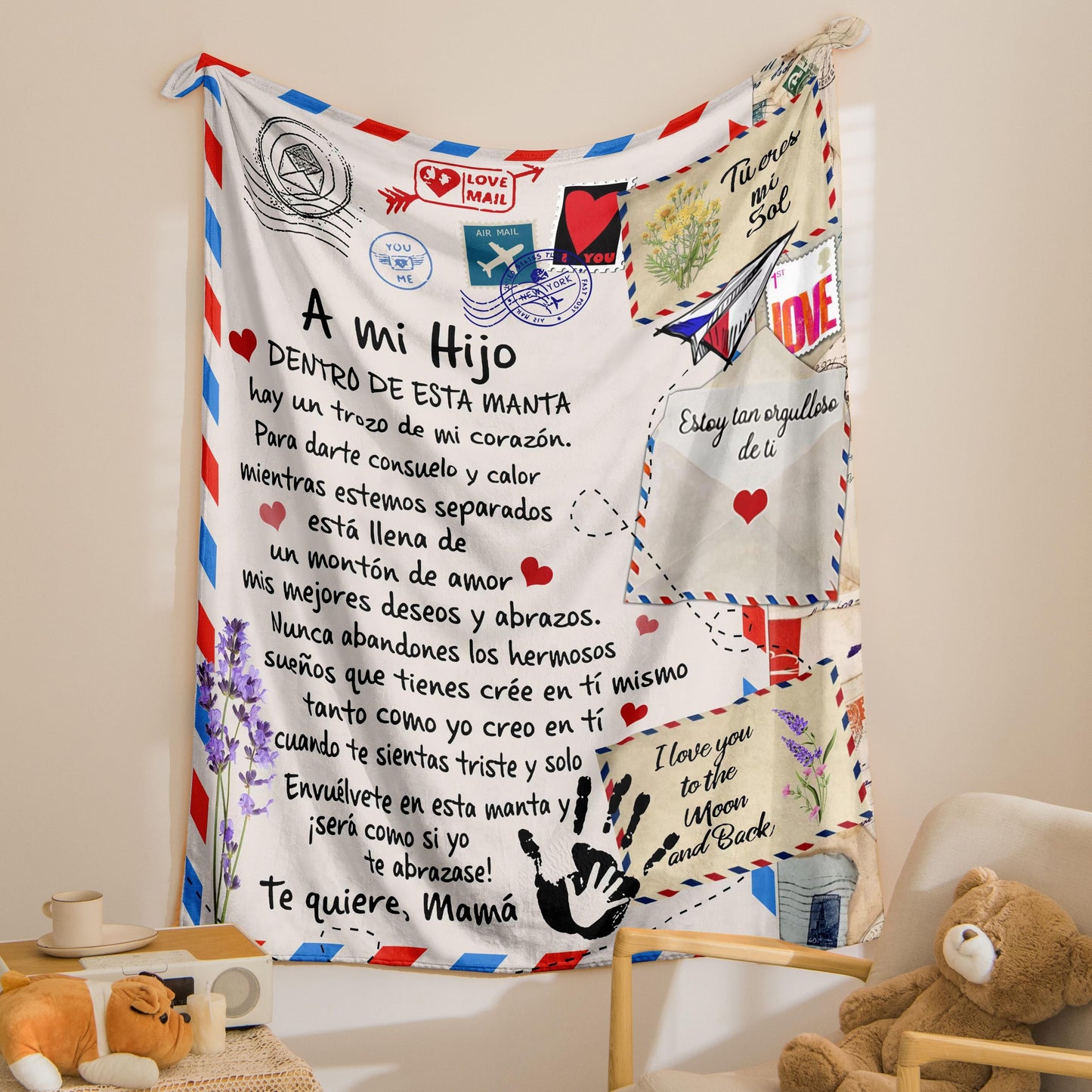 Soft and cozy flannel blanket featuring a Spanish printed letter from Mom to Son. This versatile shawl blanket doubles as a nap throw or casual sofa blanket. A perfect holiday gift that can also be used as a bed or multi-purpose blanket, making it both