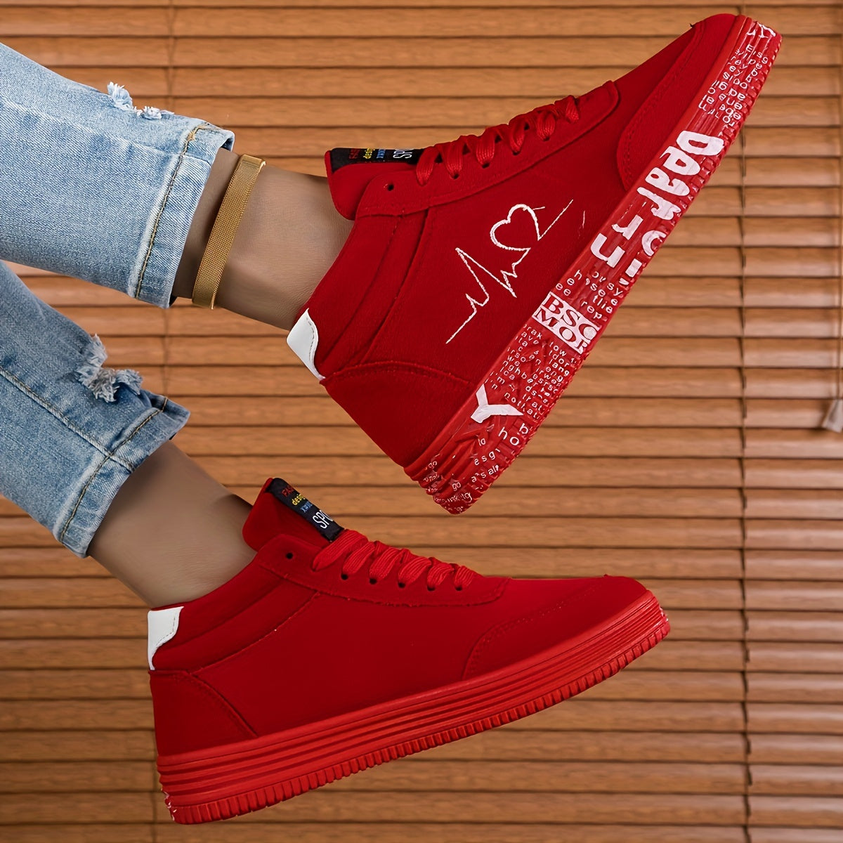 Women's high-top sneakers in red with a white heart and "I Love You" print, featuring a thick EVA sole for lightweight comfort. Made for casual travel with a lace-up design and all-season