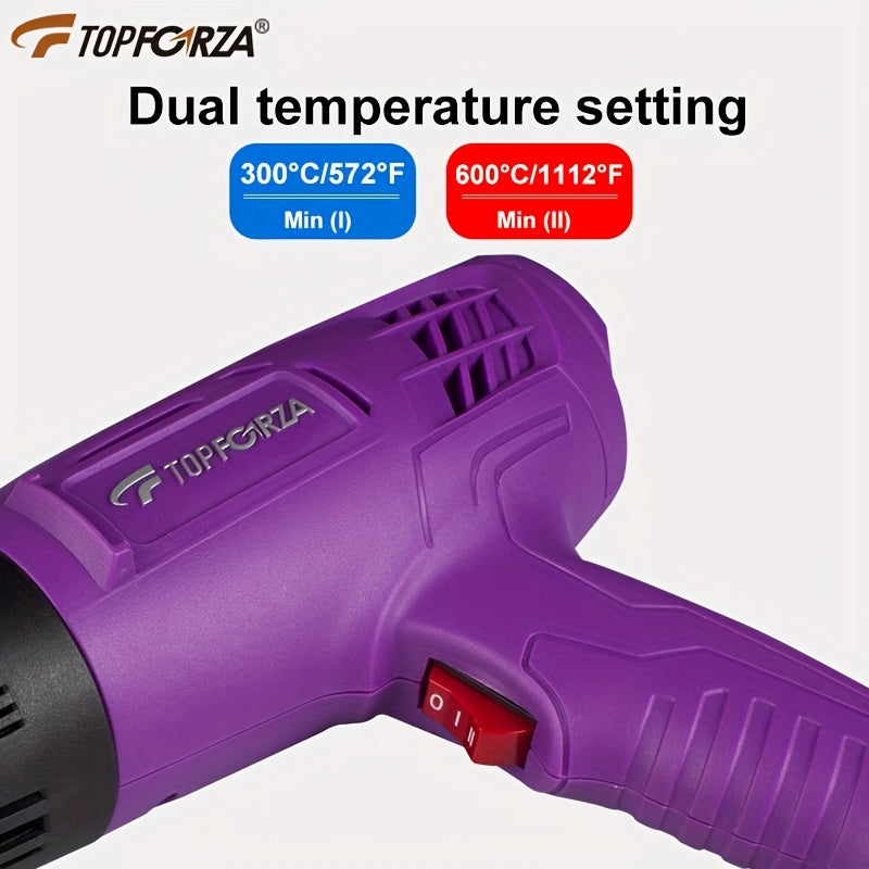 1200W heat gun with dual temperature settings and overload protection. Includes 4 nozzles for crafts, shrinking PVC, and stripping paint.