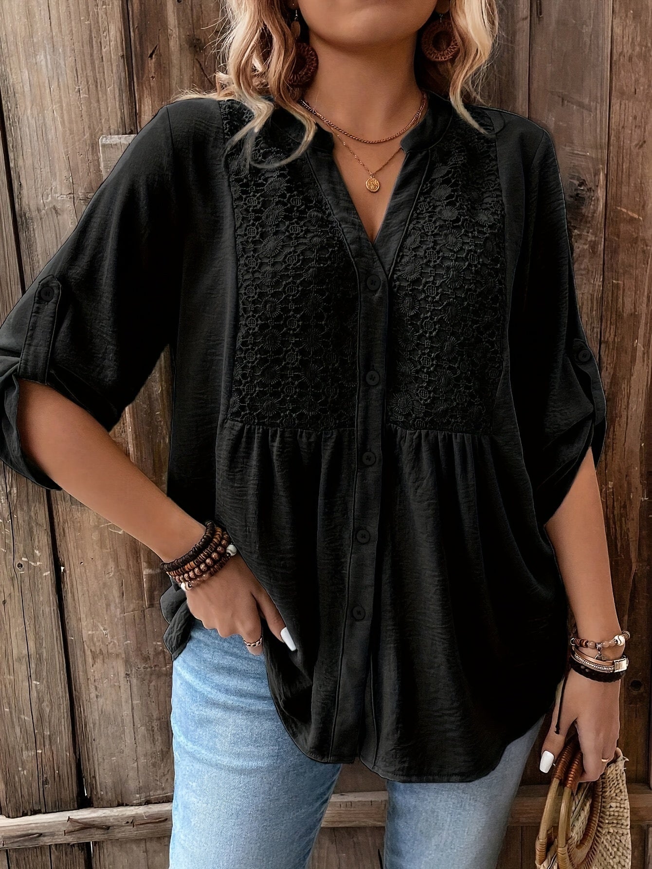 White V-Neck Lace Blouse for Plus Size Women - Lightweight Polyester, Machine Washable, Ideal for Spring/Summer/Fall