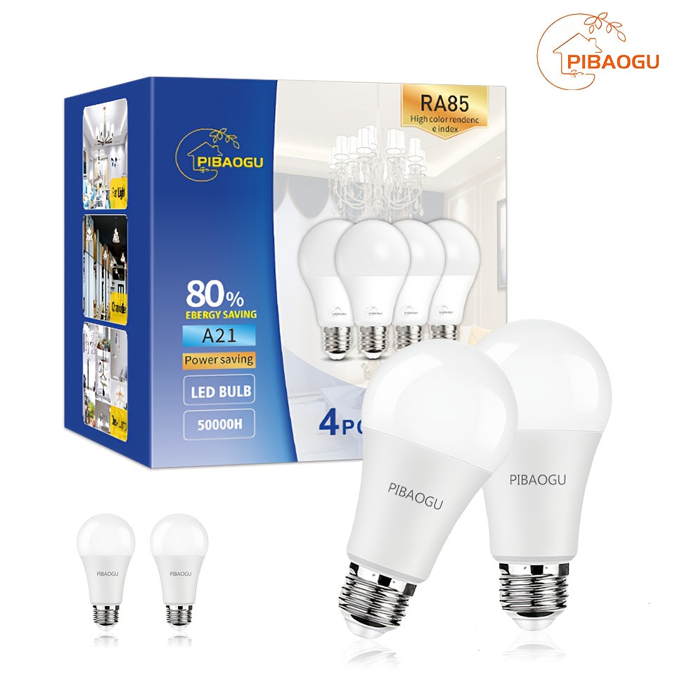 PIBAOGU LED Bulbs: 4pcs A70 E27 Base, 20W, 80% cool white & natural light, energy-efficient, flicker-free, 25,000+ hour lifespan. Ideal for home use in living room, bedroom, kitchen, office.