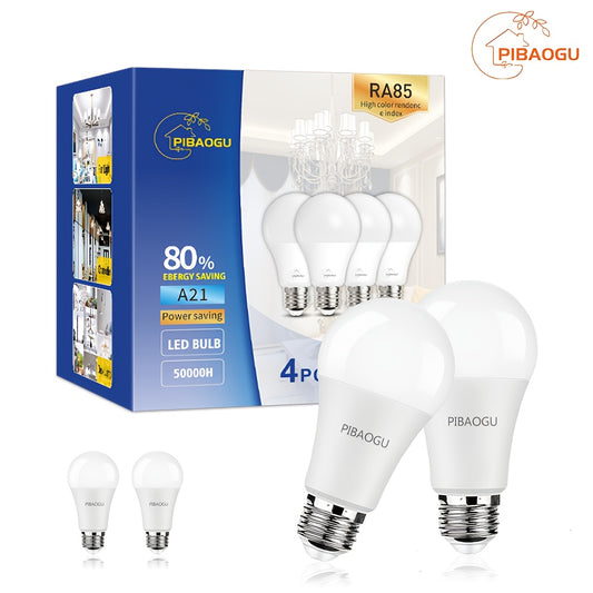 PIBAOGU LED Bulbs: 4pcs A70 E27 Base, 20W, 80% cool white & natural light, energy-efficient, flicker-free, 25,000+ hour lifespan. Ideal for home use in living room, bedroom, kitchen, office.