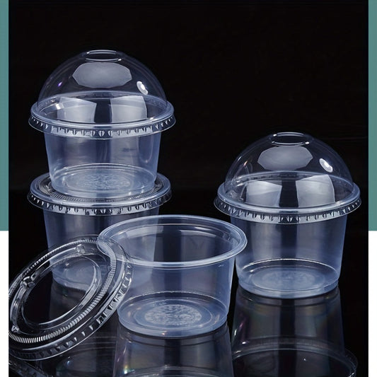 50 to 100 pieces of plastic dessert cups with dome lids, featuring no holes. These clear portable parfait cups are perfect for serving yogurt, pudding, jello, ice cream, fruit, and more. They are leak-proof, disposable containers ideal for takeout, home