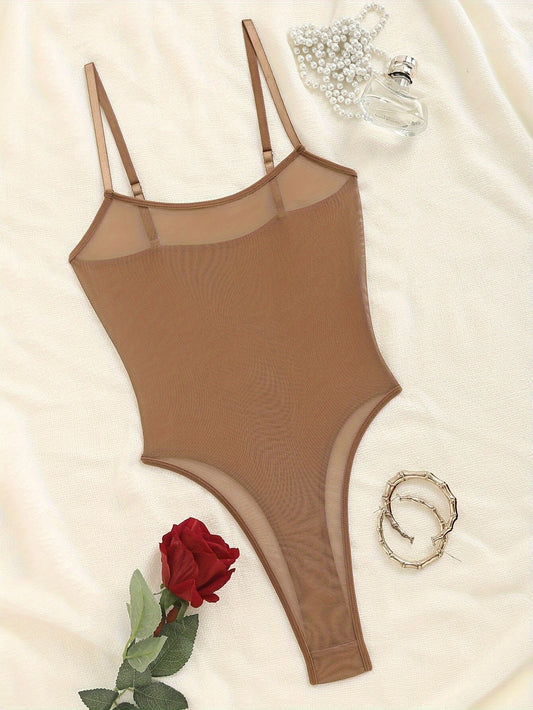 Semi-sheer bodysuit with spaghetti straps and backless design, women's lingerie.