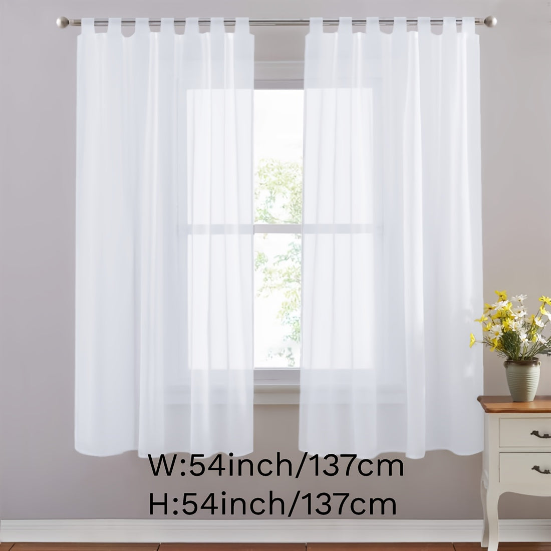 Set of 2 lightweight solid white sheer curtains with tab tops, perfect for bedroom, living room, and dining room. Includes 2 pieces.