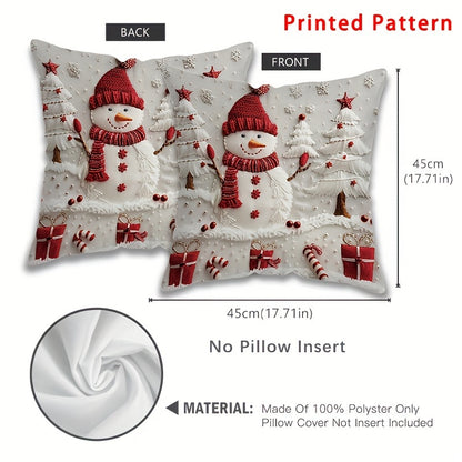 Double-sided Christmas snowman and tree design throw pillow cover made from modern polyester. Features zipper closure, machine washable fabric, and number print. Perfect for adding holiday charm to any room.