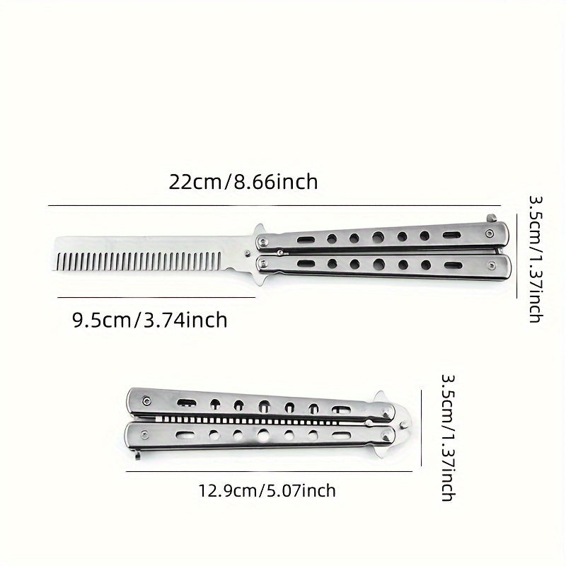 Fine toothed stainless steel Butterfly Blade Comb with metal handle for regular hairstyle and finger dexterity practice. Foldable, portable, and durable, suitable for outdoor camping.