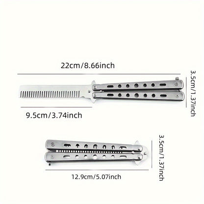 Fine toothed stainless steel Butterfly Blade Comb with metal handle for regular hairstyle and finger dexterity practice. Foldable, portable, and durable, suitable for outdoor camping.