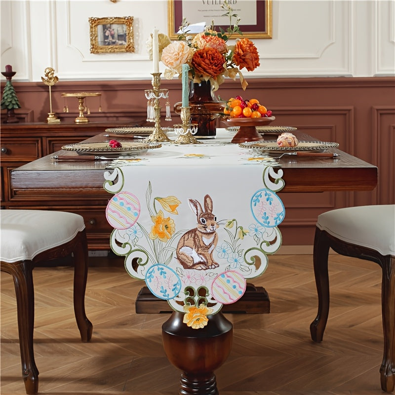 Elegant Easter Bunny & Egg Table Runner: 100% polyester with handcrafted floral design, perfect for Spring celebrations and home decor.