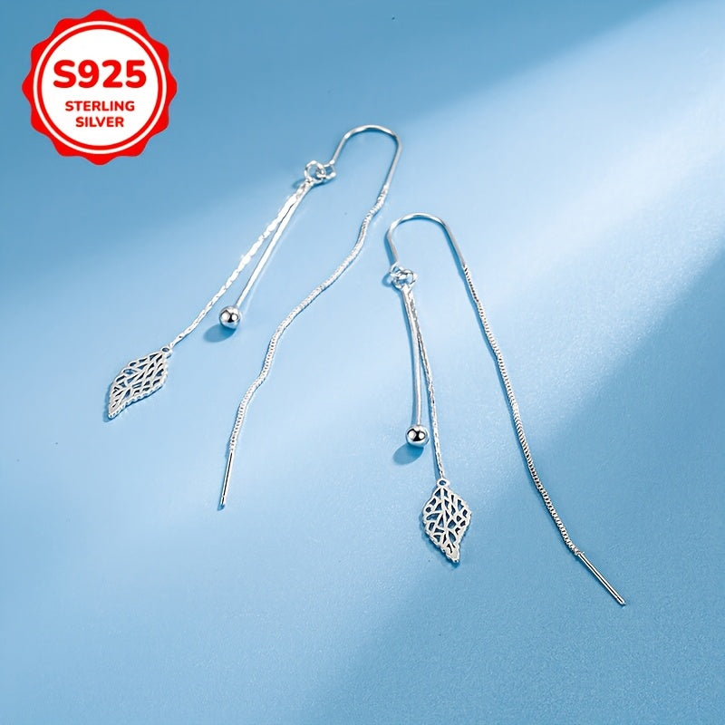 A set of women's earrings featuring tassels and hollow leaf design, weighing 2.6g in 925 sterling silver, perfect for everyday wear or gifting