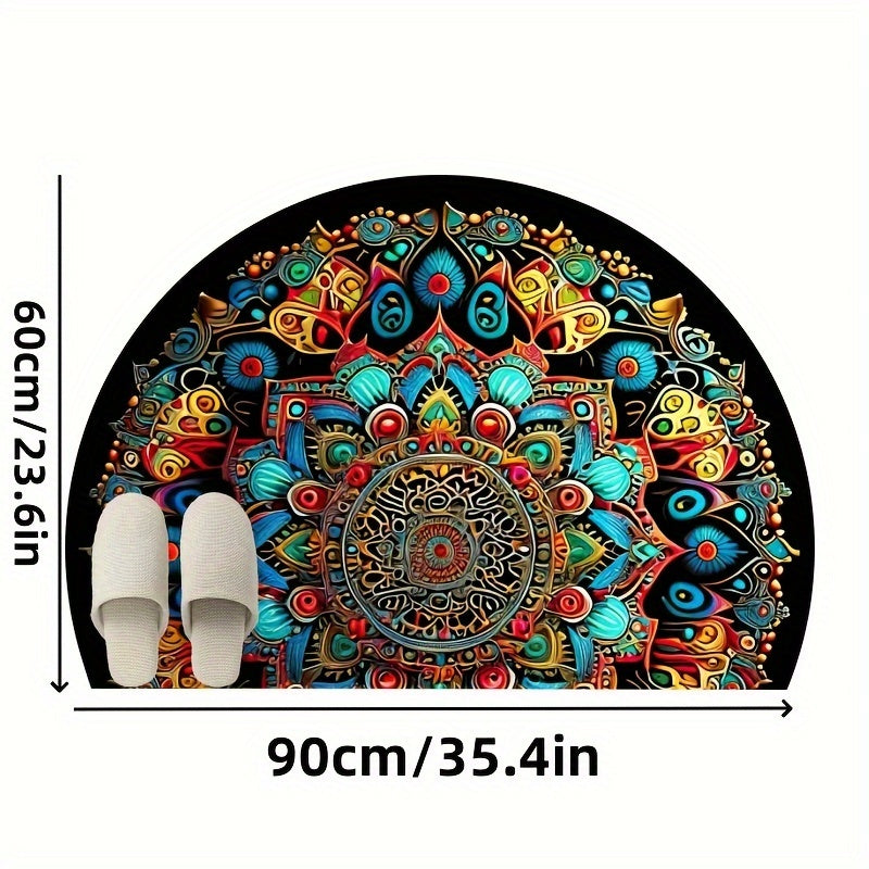 This outdoor doormat is made of finely woven high-density fine sand imitation cashmere material with a TPR bottom, featuring a half-round bohemian mandala element design. It is non-slip, wear-resistant, thick, soft, skin-friendly, and shedding-free