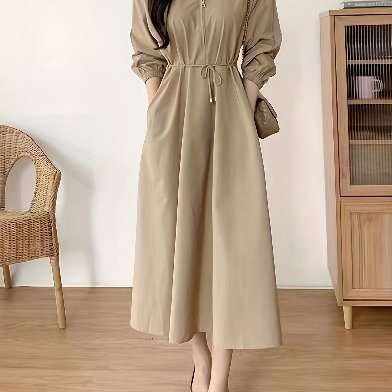 Beige midi dress with tie waist and pockets - long sleeve, polyester, machine washable, ideal for women's commuter style.