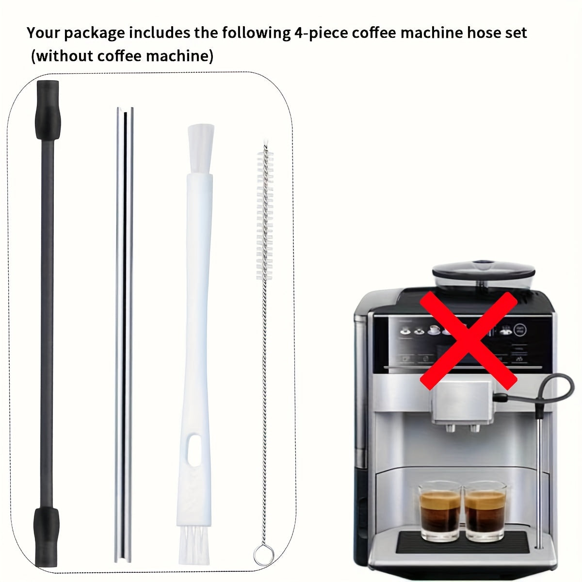 The Stainless Steel Milk Hose Set for Fully Automatic Coffee Machines includes 2 Cleaning Brushes and is compatible with EQ6 and Veroaroma models.