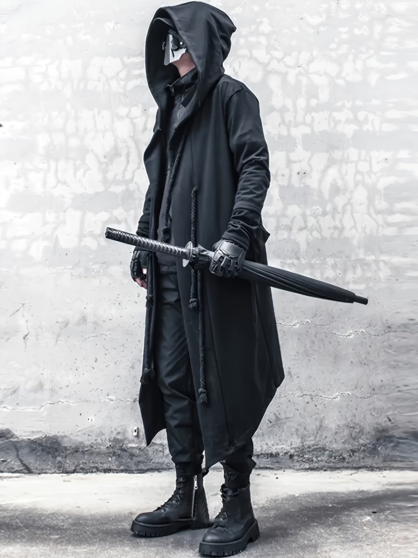 Men's black long shirt cape with hood and rope decoration, stylish streetwear with minimalist design, breathable and skin-friendly.