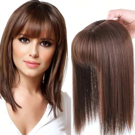 Straight synthetic hair pieces for women that seamlessly clip in to provide a natural-looking bang, with an invisible white cover and hair clips.