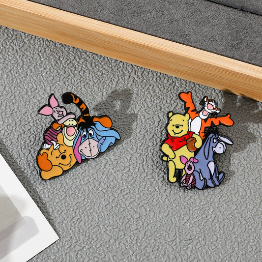 Set of 3 Disney Enamel Brooch Pins - Adorable Minimalist Alloy Cartoon Character Badges featuring Pooh Bear, Tigger, and Piglet - Unique Anime Themed Jewelry for Clothing and Backpacks