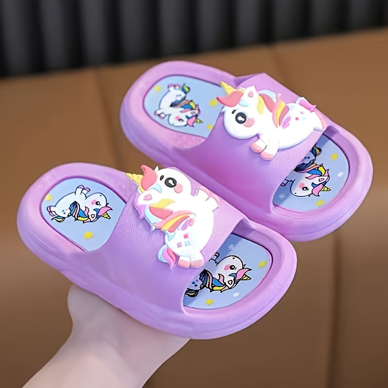 Girls' non-slip unicorn slippers for indoor use year-round.