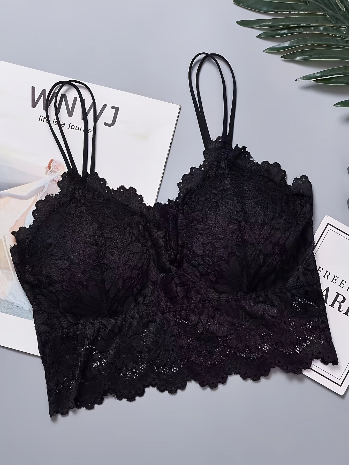 5 floral lace wireless bras for women, full cup with polyamide and spandex knit fabric, mature style with contrast lace detail and removable padding.