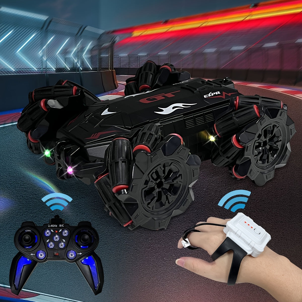 Fantasy-themed RC stunt car with gesture control, LED lights, and music. Double-sided 360° flips, USB rechargeable battery, push button control.